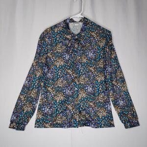 Lucky Winner Vtg Blouse Womens Medium Ditsy Floral Bow Tie Neck Long Sleeve